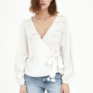 Zara Wrap Eyelet Blouse with Ruffled Long Sleeves